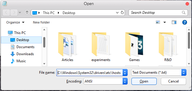 open windows hosts file