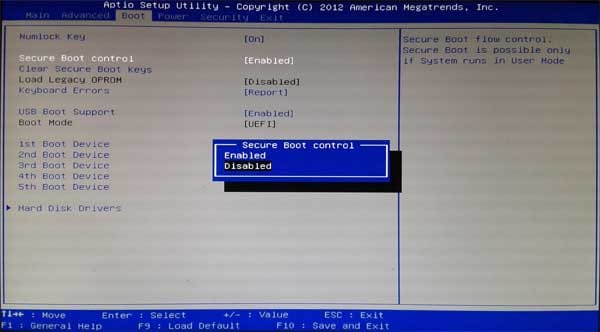 disable secure boot from BIOS