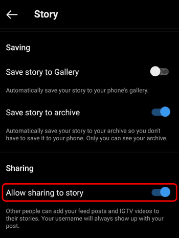 allow sharing to story Instagram