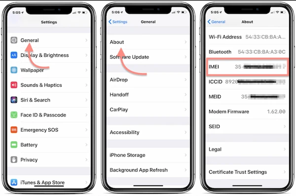 Get iPhone IMEI through iOS Settings