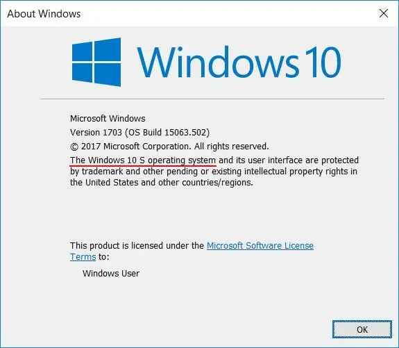 Windows 10 S Winver 1